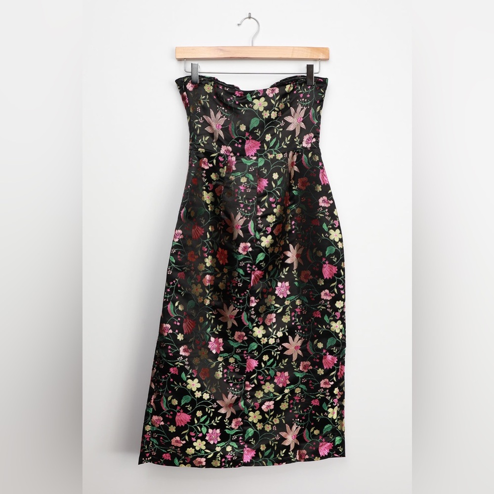 Lulus Make a Move Black Satin Floral Jacquard Strapless Midi Dress NWT - Picture 6 of 9